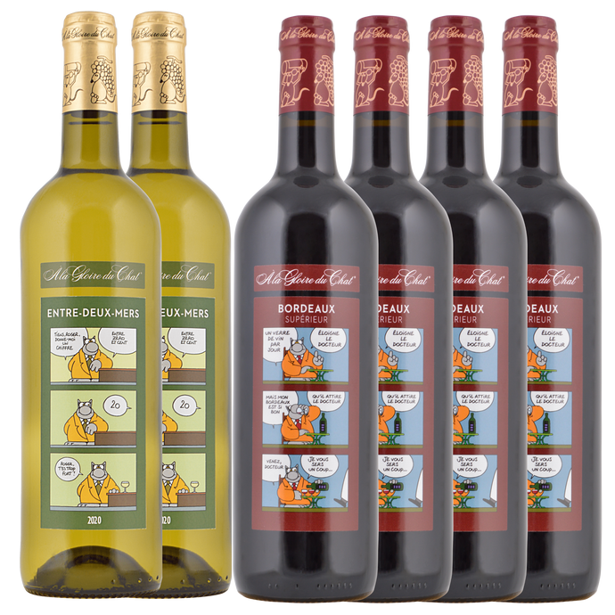 Colis mixte de six bouteilles de vin de Bordeaux avec une étiquette  humoristique de Phillippe Geluck. Deux Entre-deux-Mers et quatre Bordeaux Supérieur.